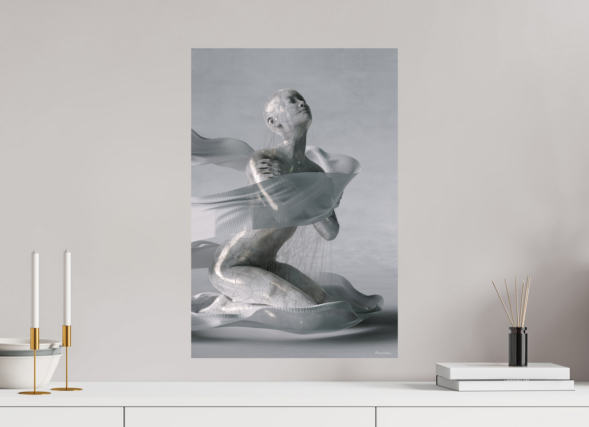 What Remains at 40 × 60 cm, unframed, on a pale grey wall above a white sideboard with brass candlesticks and a diffuser