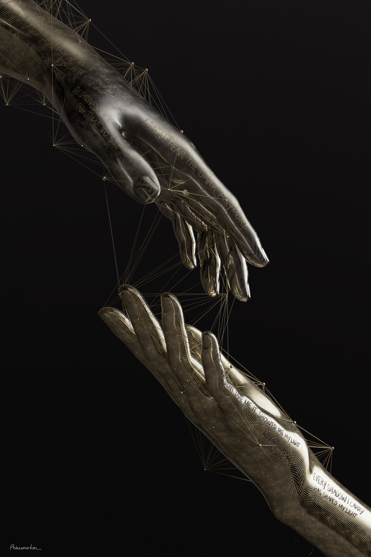 Shadow Into Light by PHLUXMOTION: a dark and a golden hand reach towards each other on black, joined by fine golden threads
