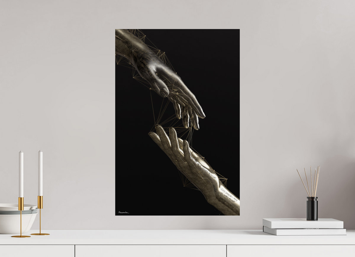Shadow Into Light at 40 × 60 cm, unframed, on a pale grey wall above a white sideboard with brass candlesticks and books