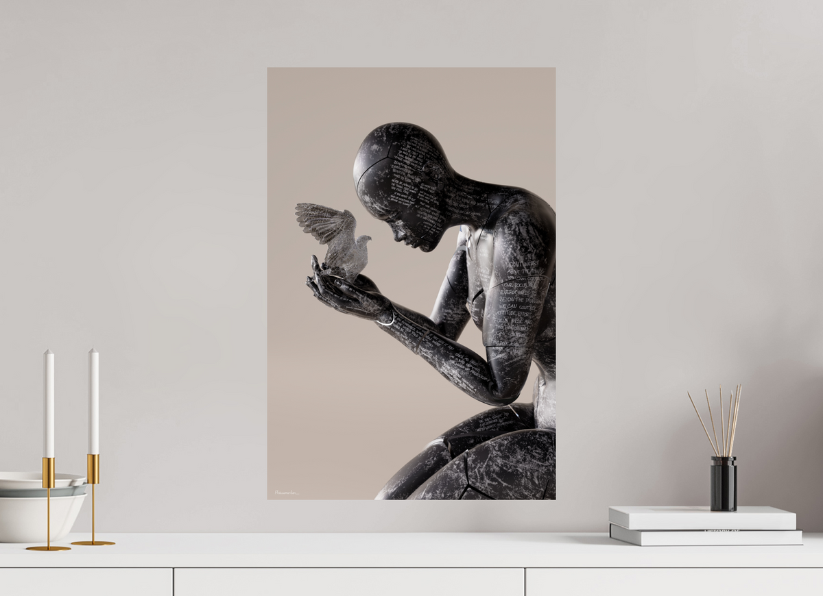 Holding Freedom at 40 × 60 cm, unframed, on a pale grey wall above a white sideboard with brass candlesticks and books