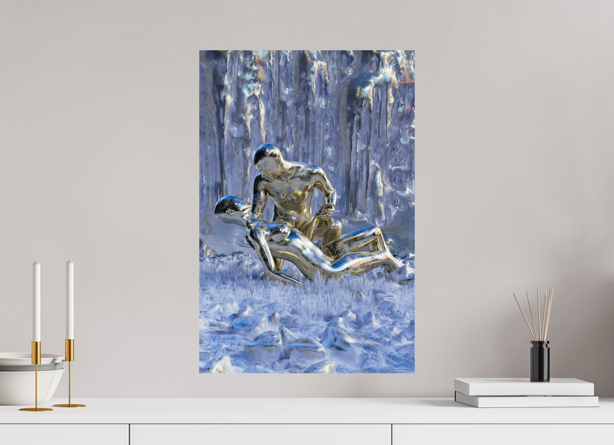 Golden Souls at 40 × 60 cm, unframed, on a pale grey wall above a white sideboard with brass candlesticks and a diffuser