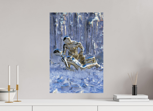 Golden Souls at 40 × 60 cm, unframed, on a pale grey wall above a white sideboard with brass candlesticks and a diffuser