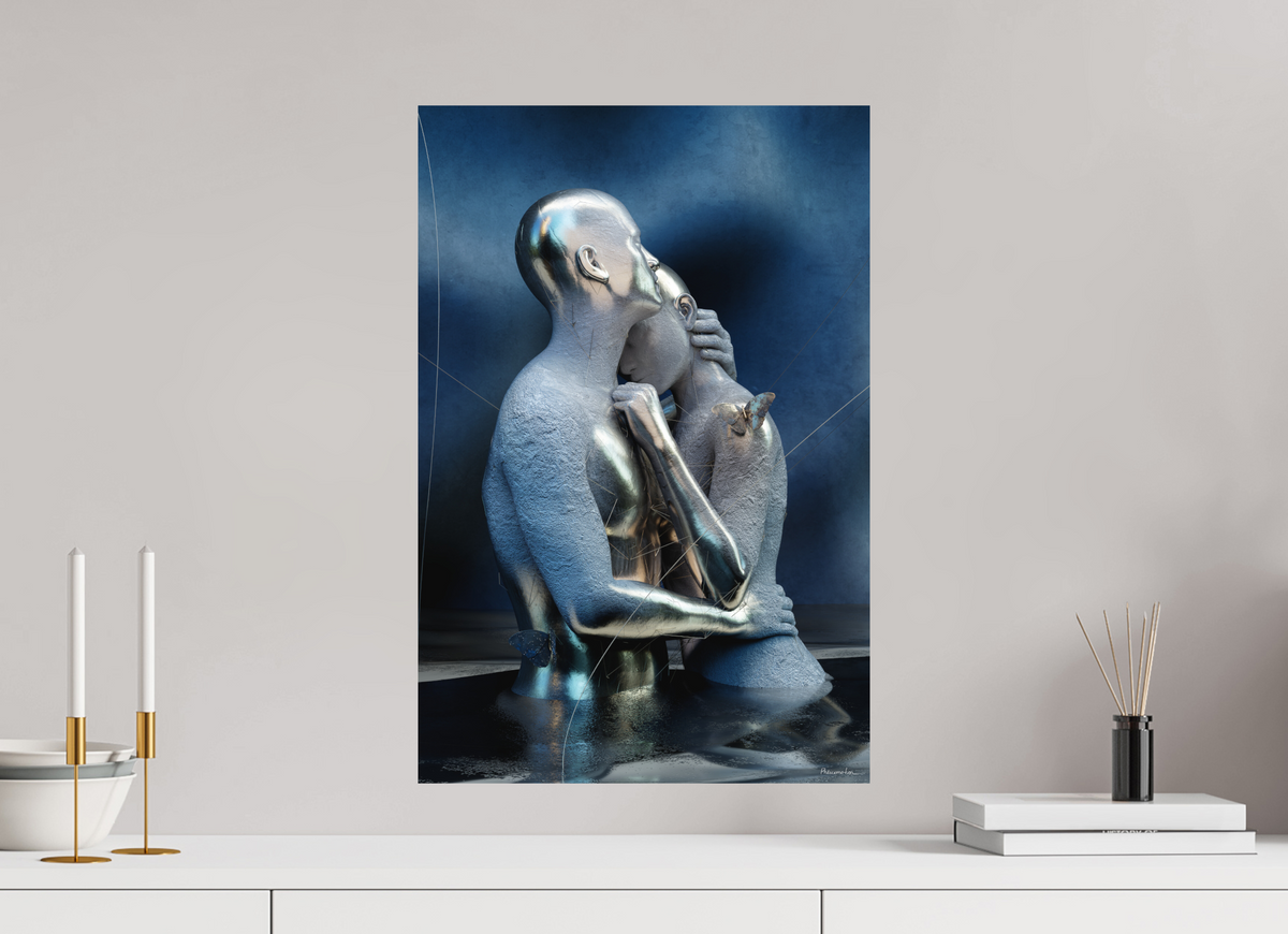 Pieces Of Us at 40 × 60 cm, unframed, on a pale grey wall above a white sideboard with brass candlesticks, bowls and books