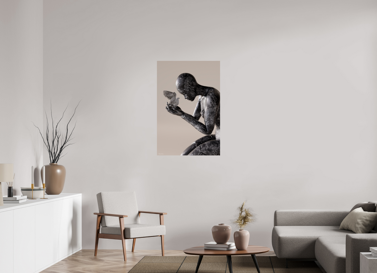 The 70 × 105 cm size of Holding Freedom hanging unframed in a home interior