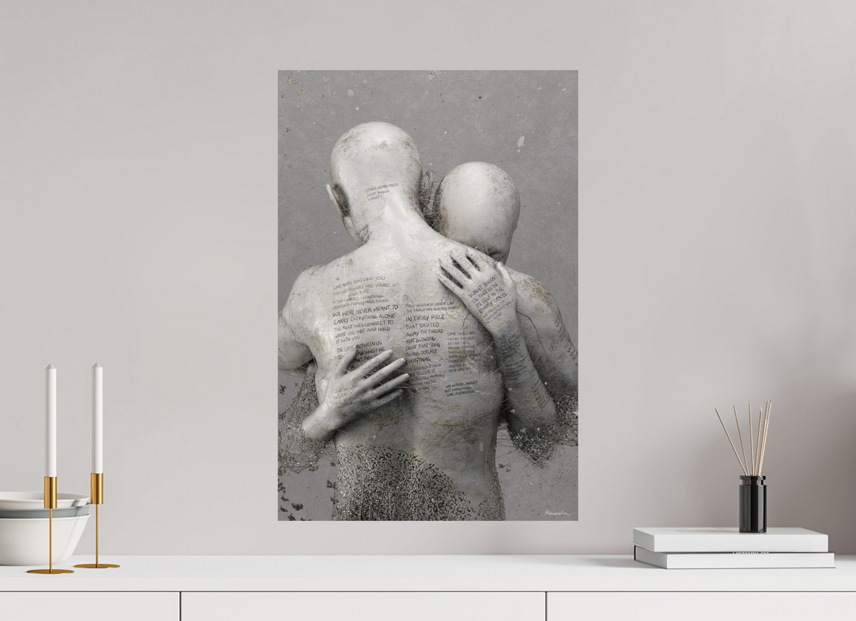 Not Gone at 40 × 60 cm, without a frame, on a pale grey wall above a white sideboard with brass candlesticks and books