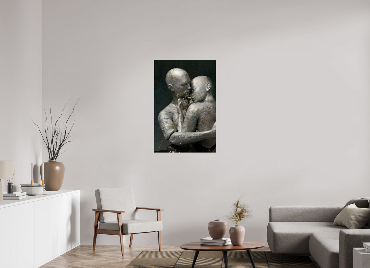 The 70 × 105 cm size of Handle With Care hanging unframed in a lived-in room