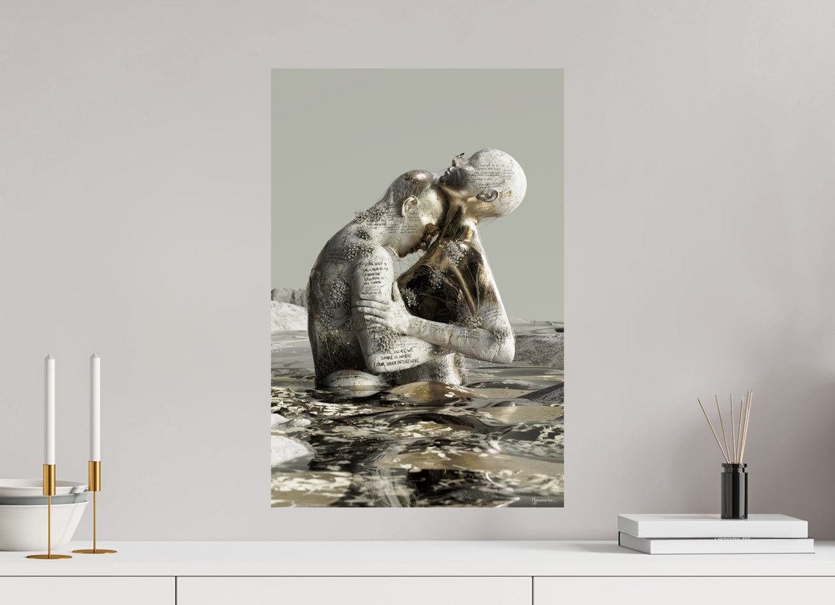 Weightless Moments at 40 × 60 cm, unframed, on a pale grey wall above a white sideboard with candles, bowls and books