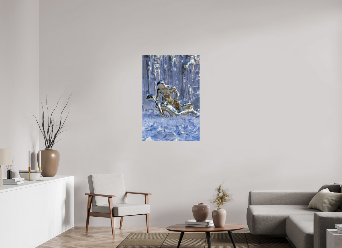 The 70 × 105 cm size of Golden Souls hanging unframed on an interior wall