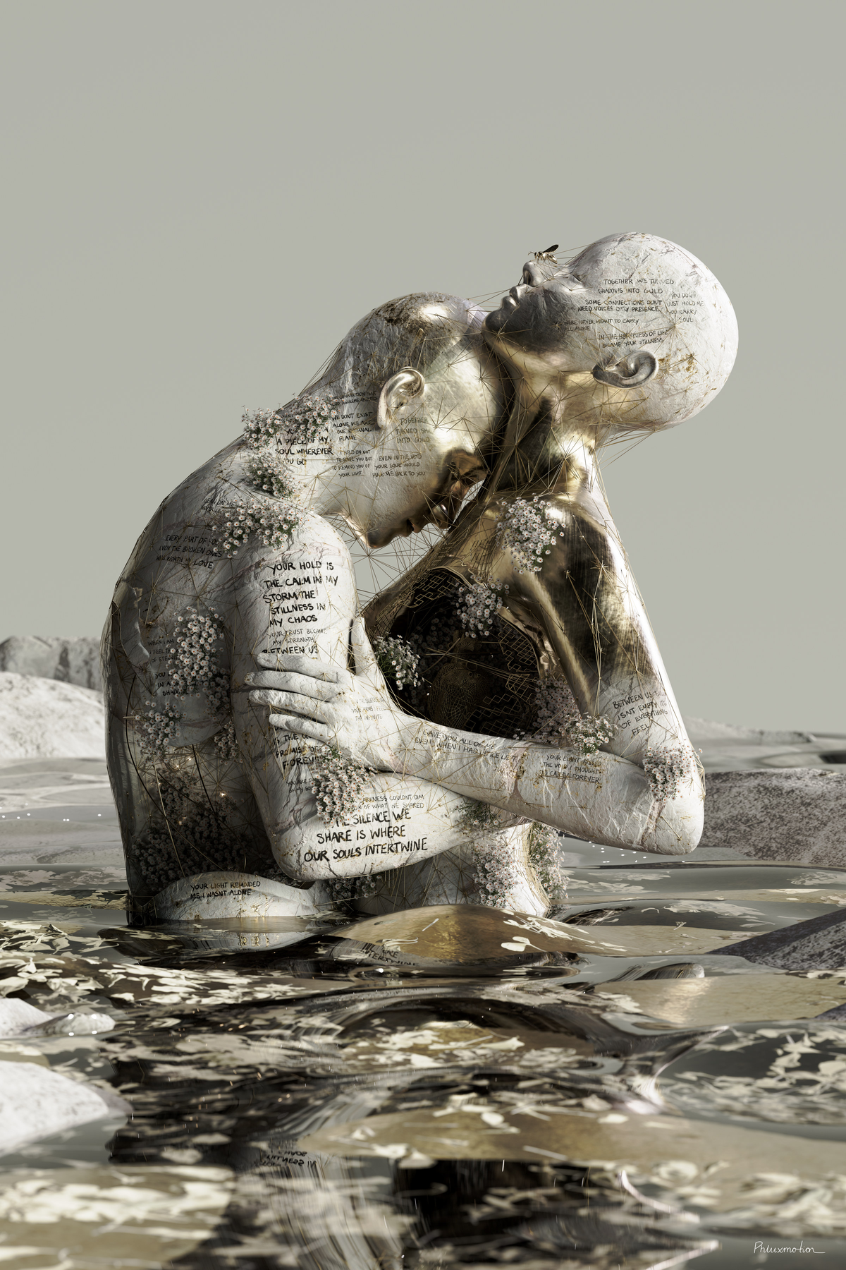 Weightless Moments by PHLUXMOTION: two chalk and gold figures embrace waist-deep in dark water, flowers and script on skin