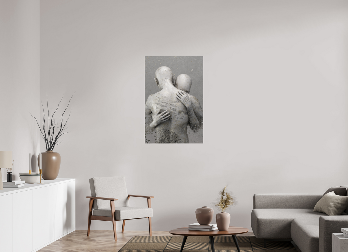 The 70 × 105 cm size of Not Gone hanging unframed in a lived-in space