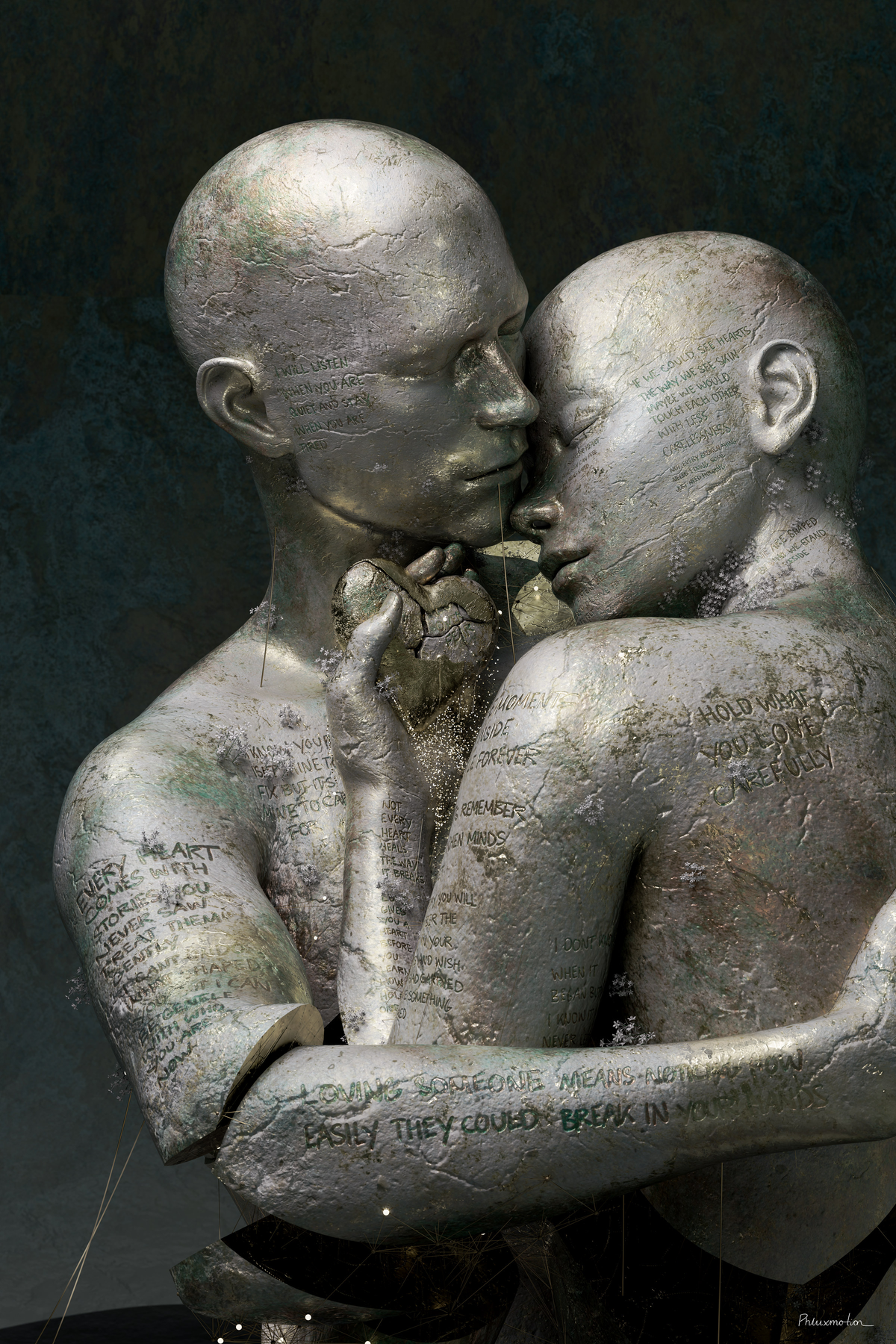 Handle With Care by PHLUXMOTION: two silver figures embrace, one hand holding a small cracked heart, words on their skin