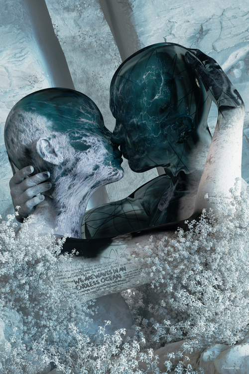 Endless Ocean by PHLUXMOTION: two teal and white faces meet in a kiss among white blossoms, hand-lettered words on an arm