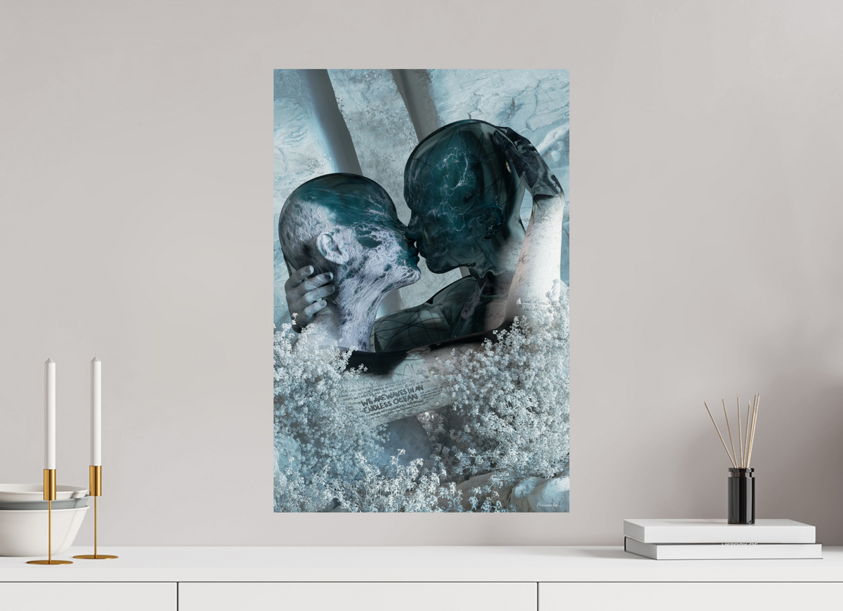 Endless Ocean at 40 × 60 cm, unframed, on a pale grey wall above a white sideboard with brass candle holders and books