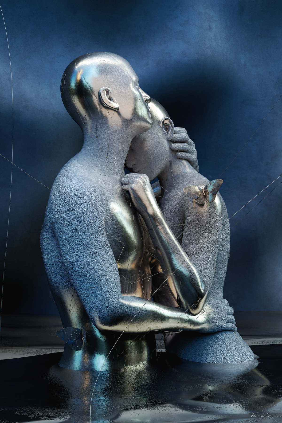 Pieces Of Us by PHLUXMOTION: two chrome and stone-blue figures embrace, rising from dark water against a deep blue wall