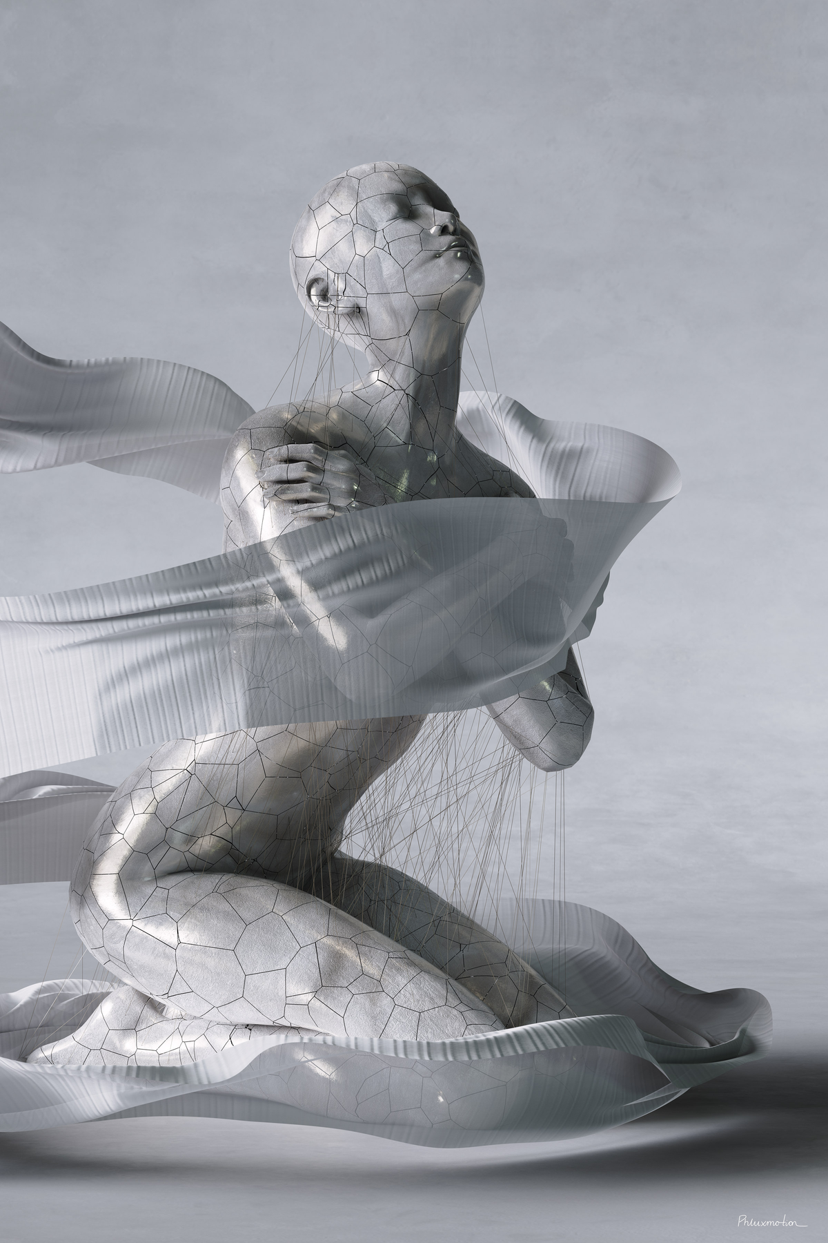 What Remains by PHLUXMOTION: a kneeling silver figure with cracked skin, eyes closed, wrapped in sheer ribbons and threads
