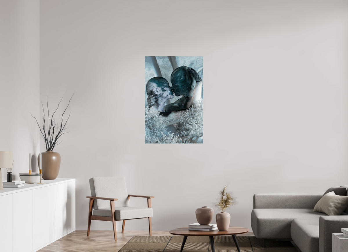 The 70 × 105 cm size of Endless Ocean hanging unframed in a home interior