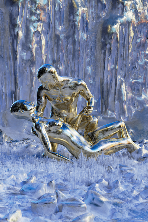 Golden Souls by PHLUXMOTION: two polished gold figures on frosted grass, one kneeling over the other, before a wall of ice