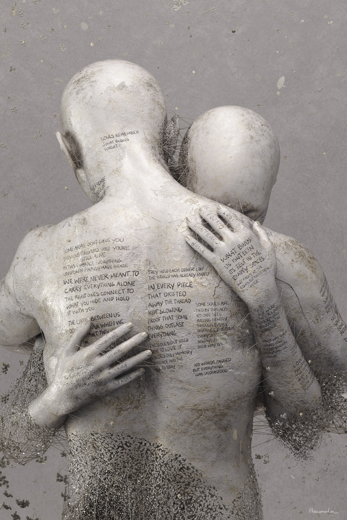 Not Gone by PHLUXMOTION: two pale figures embrace on grey, hand-lettered words on their skin, bodies dissolving into threads
