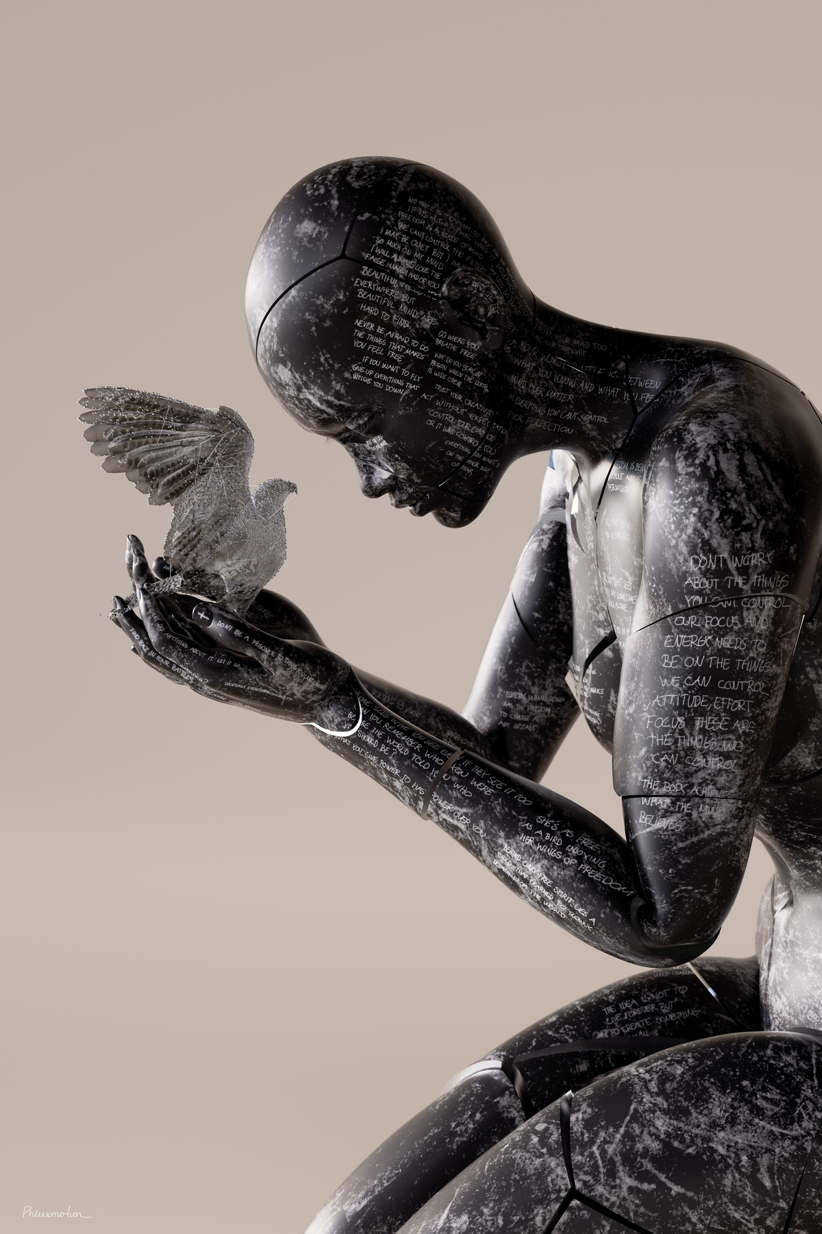 Holding Freedom by PHLUXMOTION: a bowed dark figure in white hand lettering holds a glittering grey dove in cupped hands