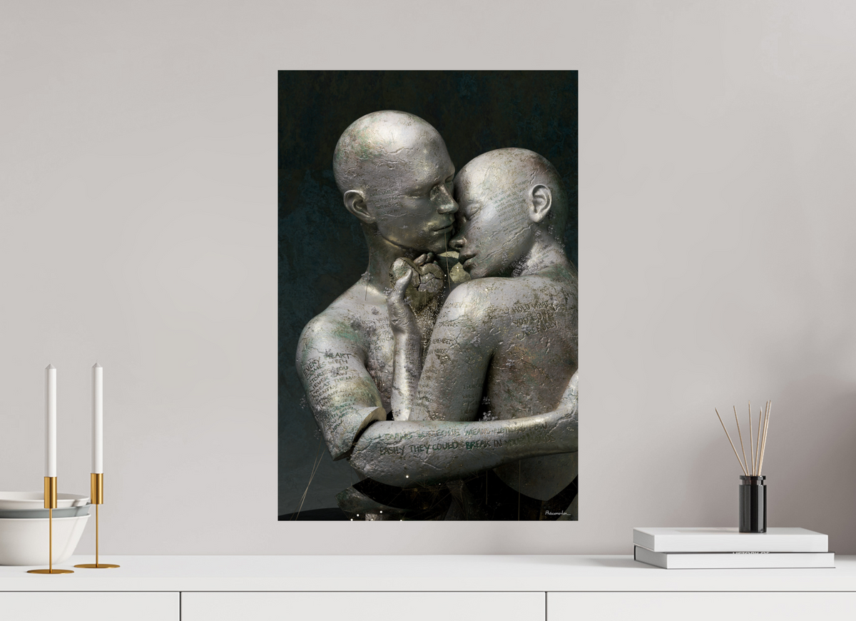 Handle With Care at 40 × 60 cm, unframed, on a pale grey wall above a white sideboard with gold candlesticks and books